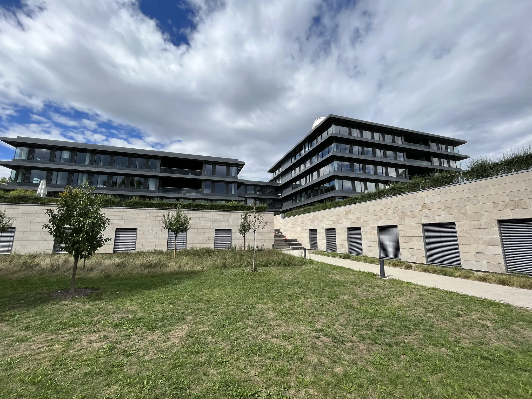 Two dark, angular wings of the institute rising above a pale stone retaining wall, seen across the lawn between them under a clouded sky